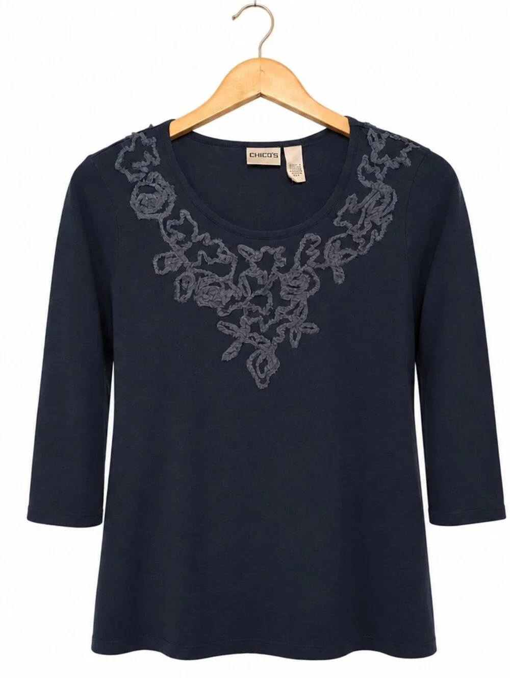 CHICOS Embellished Denim Blue Top Cotton Scooped Neck Elbow Sleeve Navy Tee L 2